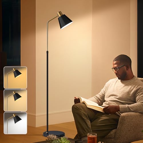 High-End Bright Reading Floor Lamp 12W Tri Color Bulb,Matte Black Iron Lampshade Adjustable,57"-65"Tall ,Weighted Base, Modern Industrial Retro Standing Desk Lamp for Living Room Bedroom Office Corner - color: Black