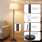 JUNNAI 【Upgraded】 Modern Black Floor Lamp 63in Standing Lamp for Living Room Bedroom Office 3 Way Brightness Dimmable Tall Pole Light with Beige Linen Shade Metal Shade 8W 3000K LED Bulb Included - color: Black