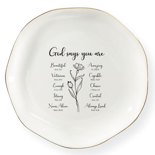 Christian Women's Jewelry Dish Tray, 'God Says You are' Pattern, White, Glazed Ceramic, Square, 4.5" x 4.5", Religious, Washable, Valentine's Day, Birthday, Christmas, Thanksgiving Gift