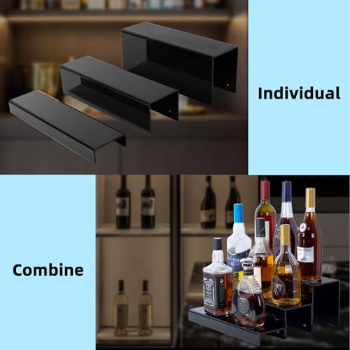 JUESHA 3 Tiers Bar Shelves for Liquor Bottles, 15" Black Acrylic Risers Display Racks Stands for Figures Pops Cupcake Perfume Collections (Patent: D1076520S) - color: Black