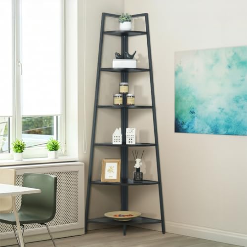 CAPHAUS Tall Corner Shelf Stand, 6-Tier Display Shelves, Ladder Corner Wood Storage Plant Bookshelf with Metal Frame, Versatile Shelving Unit Bookcase for Home Office Space, Black - color: Black, size: 6-Tier