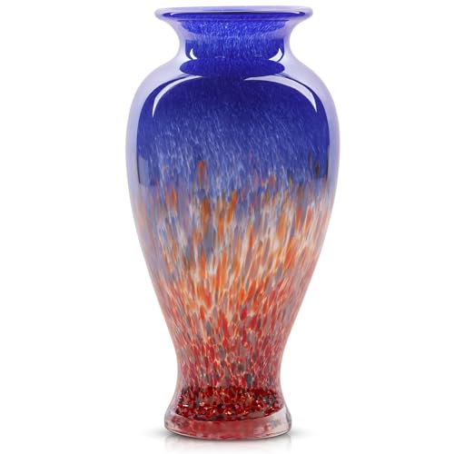11.8" Tall Blue Glass Vase Beautiful Hand Blown Glass Vase Modern Art Home Decor, Wide Mouth Colorful Vases for Mantle Dining Table Centerpiece, Entryway Living Room Wedding Decoration - color: Blue