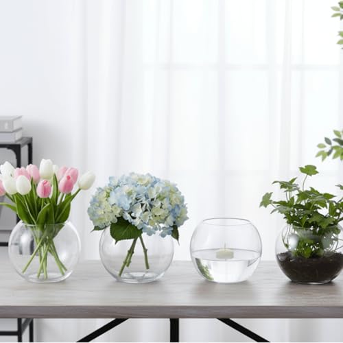 YOUEON 4 Pcs Small Glass Bubble Bowl Vases 6" W x 4.5" H, Round Floating Candle Holders, Glass Terrarium Bowls, Globe Flower Vase Centerpiece for Wedding Event Home Decor