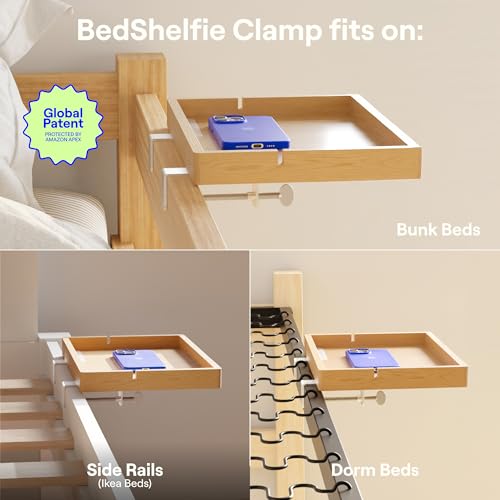 BedShelfie Wood Bedside Shelf for Bunk Bed & Top Bunk, College Dorm Room Essentials, Loft Nightstand, Floating Bed Side Table Tray Storage, Dorm Room Decor By Smallish - (Flexfit Bamboo, Natural) - color: Natural