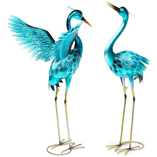 36.75" Metal Crane Garden Statue, Handcrafted Oversized Blue Heron Decor Sculptures with Stable U-Ground Stakes, Backyard Decoration, Metal Garden Bird Animal Yard Art, Lawn Ornament Decor - color: 35.5" -Bright Blue