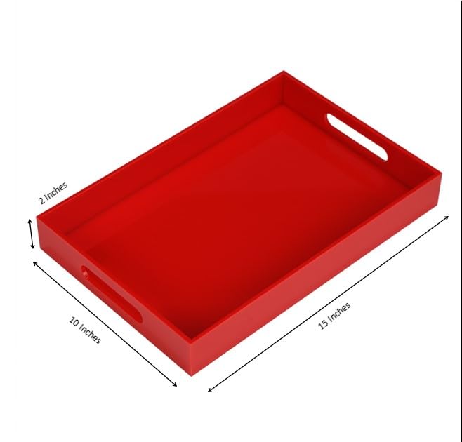Sturdy Red Acrylic Serving Tray with Handles - 10x15Inch, Coffee, Appetizer, Breakfast, Butler Tray - Kitchen Countertop & Vanity Table Organizer - color: Glossy Red, size: 15" x 10" x 2"