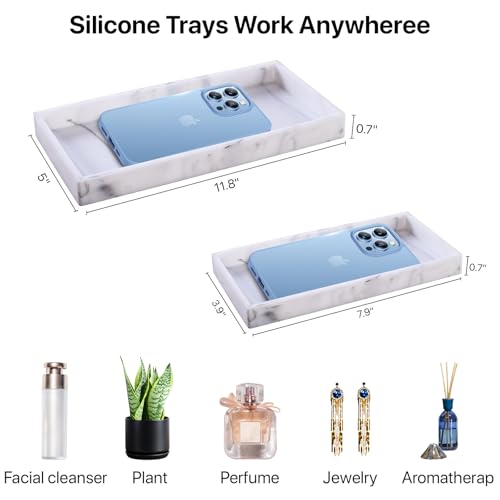 Bathroom Vanity Tray, 11.8 x 5 Inch Silicone Kitchen Sink Tray for Perfume Soap Towel Bathroom Accessory for Soap Dispenser Bathroom Countertop Trays, M, White Marble - color: Marble, size: 11.8" x 5" x 0.7"