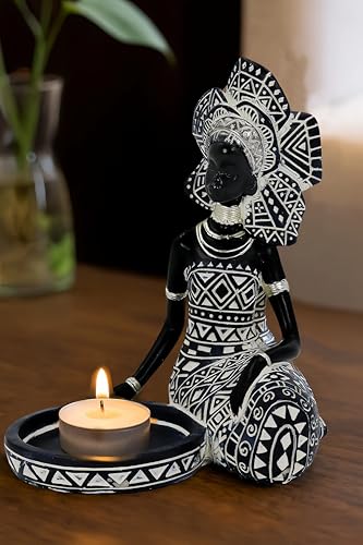 African Woman Candle Holder Statue – Tribal Resin Figurine for Tea Lights or Pillar Candles, Afrocentric Boho Home Decor for Living Room, Meditation Space, Bookshelf - color: 754black