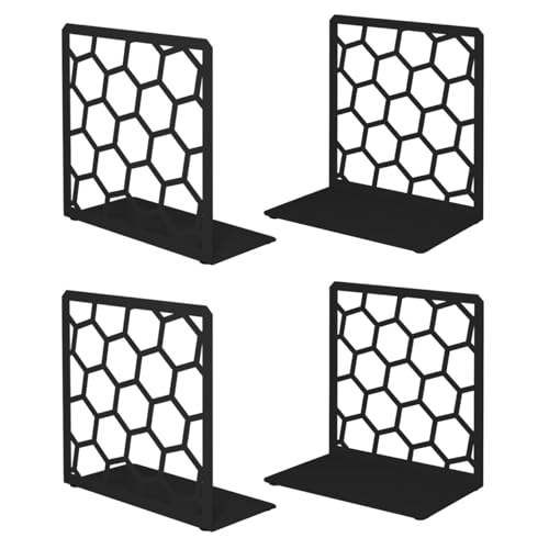 GEOMOD Geometric Honeycomb Black Metal Bookends Decorative - Tall Sturdy Book Ends for Shelves - Modern Heavy Duty Bookend Stopper - Office or Home Book Shelf Book Holder - 6x3.25x6.25 Inches - 2 Pair - color: Black, size: 2 Pairs, style: Honeycomb