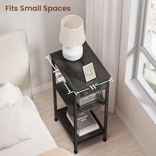Asgolion Tall End Table with Charging Station, 3 Tier Narrow Beside Table with Adjustable Shelf, Tall Gray Side Table Nightstand for Bedroom, Living Room Coffe Table, Office, Charcoal Grey - color: Charcoal Grey, style: With Outlet