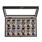 SONGMICS 12-Slot Watch Box, Watch Display Case with Large Glass Lid, Removable Watch Pillows, Velvet Lining, Gift Idea, Ebony Black UJOW120B01 - color: Ebony Black, size: 1 Layer 12 Slot