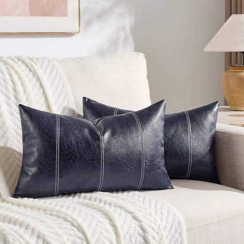 Fancy Homi 2 Packs Navy Blue Lumbar Waterproof Faux Leather Decorative Throw Pillow Covers 12x20 Inch for Outdoor Couch Bed, Modern Farmhouse Boho Home Decor, Blue Hand Stitched Cushion Case 30x50 cm - color: Navy Blue, size: 20" x 12" (Pack of 2)