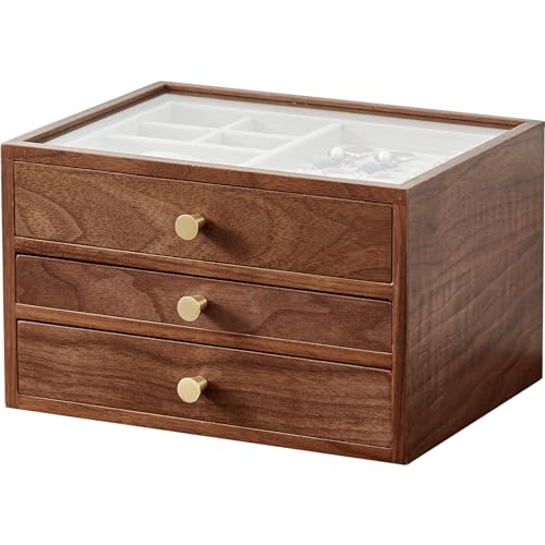 CHOSIN Black Walnut Wooden Jewelry Box for Women, 3-Layer Wood Jewelry Organizer with Glass Lid for Watches, Necklaces, Rings & Earrings Storage Mothers Day Gifts for Mom - style: 3 Layer