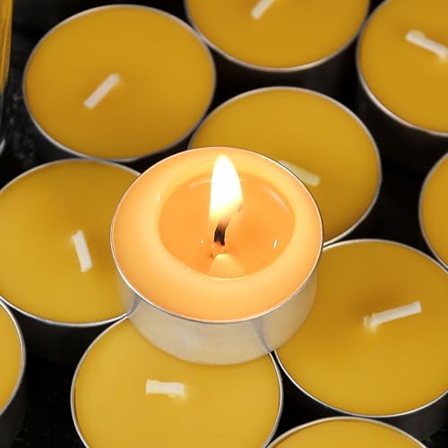 48 Pack Beeswax Tealight Candles Bulk,Pure Natural Bees Wax in Aluminum Shell - 4 Hour Extended Burn Time,Smokeless Tea Light Candles for Home Deco,Table centerpieces - style: 48 packs