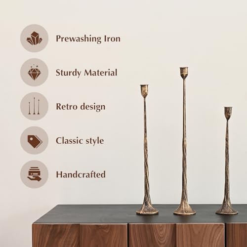 Iron Antique Gold Candlestick Holders, Set of 3 Candle Stick Holders,Fits 3/4 inch Thick Candle&Led Candles, Vintage Modern Decorative Centerpiece for Dining Table Centerpiece, Wedding, Party Decor - color: Antique Gold-twisted, size: 14.4”,17.1”,19.7”