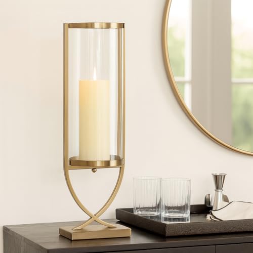 Contemporary Metal and Glass Hurricane Candle Holder - Decorative Pillar Candlestick Holder for Table Centerpiece - Elegant Home Decor Accents for Any Special Occasion Decoration - 27" Gold - color: Gold, size: 27"