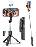 Mini Selfie Stick Travel Tripod for Cell Phone with Light, Extendable Selfie Stick for iPhone with Detachable Remote, iPhone Tripod for Video Recording, Photograph, Compatible with Cellphones - style: Black(with Light)