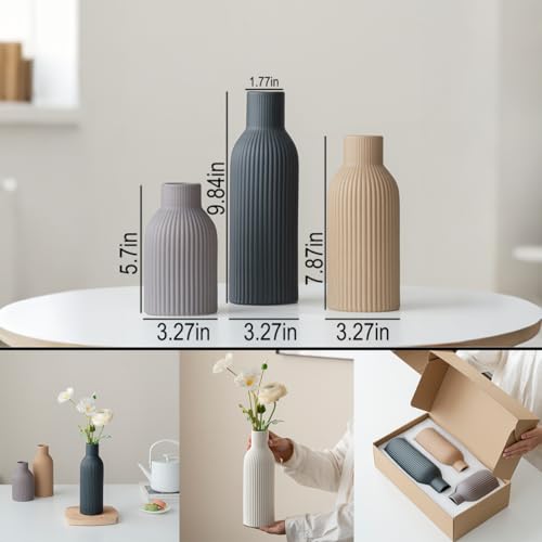 Modern Ceramic Vases Set of 3, Black Ribbed Decorative Vases, Shelf Table Centerpiece for Home Decor, Birthday Gifts for Women, Mom, Grandma Decorative (Black Mix) - color: Black Mix
