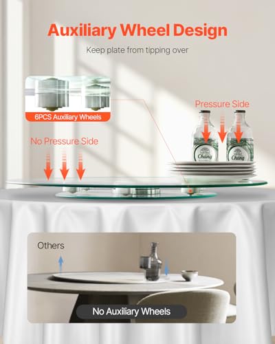 VEVOR 24 in Glass Lazy Susan Turntable, Tempered Glass Dining Table Centerpiece with 6 Rotating Wheels, 360° Smooth and Silent Spin Tabletop Rotating Tray, for Family Gatherings, Banquets & Weddings - size: 24 "