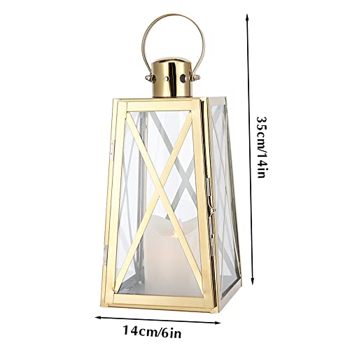 TRIROCKS Stainless Steel Decorative Lantern 12''H Metal Outdoor Candle Holder Hanging Candle Lantern with Tempered Glass for Christmas Home Wedding Living Room Parties Indoor Outdoor(Gold Trapezoid) - color: Gold