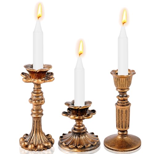 Suclain 3 Pcs Vintage Candlestick Holders Taper Resin Candle Holder Retro Antique Candle Holder Floral Decorative Candlesticks for Wedding Anniversary Table Centerpieces Fireplace Home Decor (Bronze) - color: Bronze