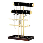 modern T-shaped jewelry rack, jewelry tower, gold metal, square ceramic base decoration display tower, necklace, bracelet, ring storage rack (2-layer black velvet) - style: 2-layer black velvet