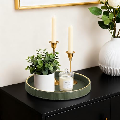 Round Decorative Tray for Coffee Table Decor, PU Leather Coffee Table Tray Golden Trim for Home Decor Living Room Dining Table, Perfume Trays Nightstand Organizer (Green) - color: Green