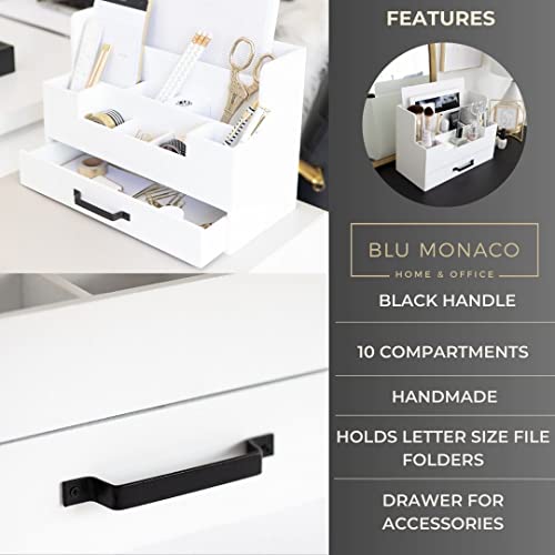 BLU MONACO White Wooden Desk Organizer With Drawer | Desktop Storage With Drawers | Multi-Compartment Desk Caddy for Home Office | 5.7”D x 12.9”W x 9”H Tabletop Accessory Holder