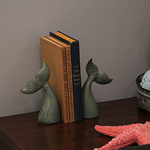 Set of 2 Nautical Cast Iron Whale Tail Decorative Bookends for Home Decor, Coastal Themed Shelves, and Beach House - Verdigris Green Enamel Finish - Organize and Beautify Your Space - color: Whale Tail - Green