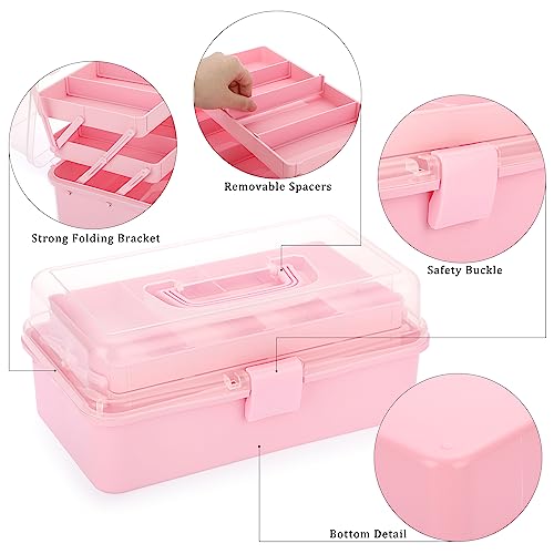 BTSKY 3-Layer Plastic Dividing Storage Box Craft Organizer and Storage with Adjustable Spacers Portable Handled Art Supply Organizer Multipurpose Home Utility Box Organizer (Pink) - color: Pink