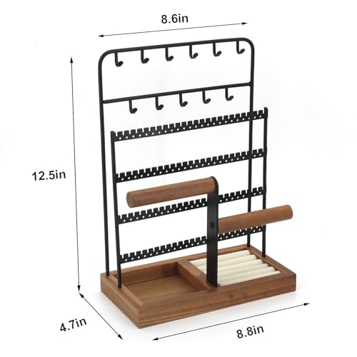 Jewelry Holder Organizer Stand 4-Tier Necklace Stand Earring Holder with Wooden Tray, Jewelry Rack for Bracelets Watches and Rings Display Stand, Gifts for Women & Girls-Black - color: Tray&Black