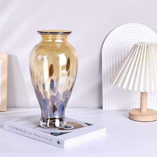 11.8" Tall Amber Gold Glass Vase Beautiful Hand Blown Glass Vase Modern Art Home Decor, Wide Mouth Colorful Vases for Mantle Dining Table Centerpiece, Entryway Living Room Wedding Decoration - color: Gold