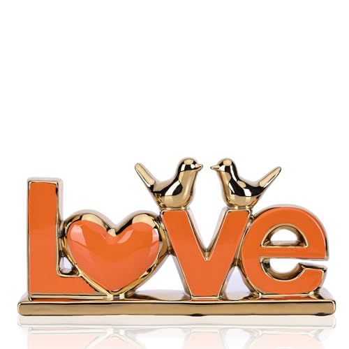 DOVDOV Orange and Gold Ceramic Love Sign Sculpture with Heart and Bird Statues, Modern Home Decor Accents for Living Room Coffee Table, TV Stand, Entryway and Shelf, Wedding or Housewarming Gift - color: Og