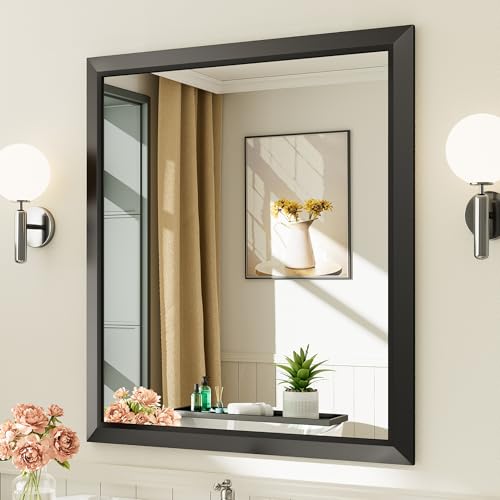 Briivue 36x32 Inch Black Bathroom Mirror for Wall, Thick Metal Framed Rectangle Mirrors for Over Sink, Bedroom, Living Room, Entryway, Anti-Rust, HD Tempered Glass - color: Black, size: 36"L x 32"W