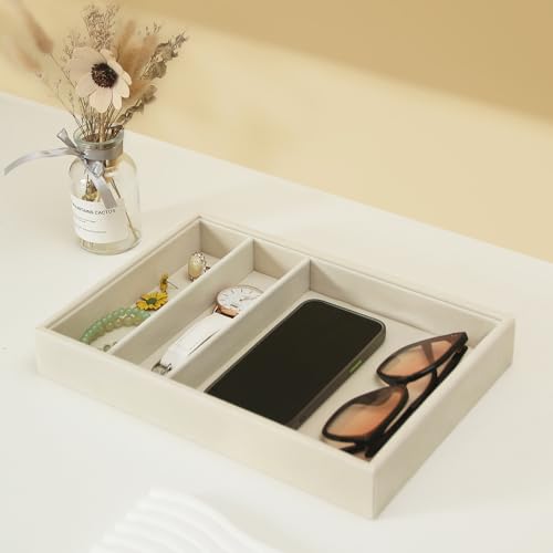 Bedside Organizer - Multi-use Nightstand & Desk-top Catchall Tray for Jewelry, Sunglasses, Phone, Watch, Perfume, Lipstick (Beige 3Grid) - color: Beige Velvet, size: 3 Grid