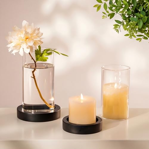 NUPTIO Wooden Candle Holders Pillar: Black Candle Tray with Round Hurricane Glass Vase - Set of 2 Cylinder Floating Candleholder for Home Halloween Thanksgiving Seasonal Decor - color: Black
