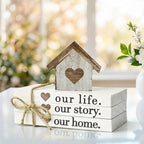Smile Farmhouse Wooden Tabletop Decor Our Home Our Story Our Famliy Table Centerpiece, Block Sign Tiered Tray Decoration for Kitchen Shelves Desk Mantel - style: Our Story