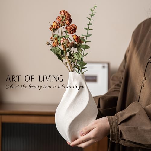 White Ceramic Vase, Waterdrop Spiral Creative Vases, Nordic Modern Boho ins Style, Classic Art Aesthetic Flower Vase for Home Decor (White W 5.12" X H 8.66")