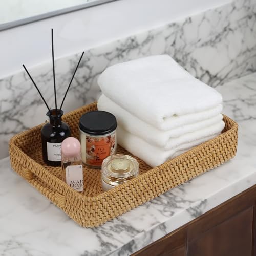 Rattan Serving Tray, Rectangle Coffee Table Tray with Handles, Decorative Ottoman Tea Tray Wicker Basket for Coffee, Bread, Fruits, Snacks, Breakfast, Drinks, Table Decor - size: 15" x 10.2" x 2.6"