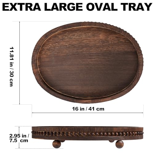 Wooden Decorative Tray-16×11.8in Wood Beaded Coffee Table Decor Tray, Rustic Farmhouse Decor Tray for Living Room, Bathroom, Kitchen Dining Table, Serving Tray Home Decor