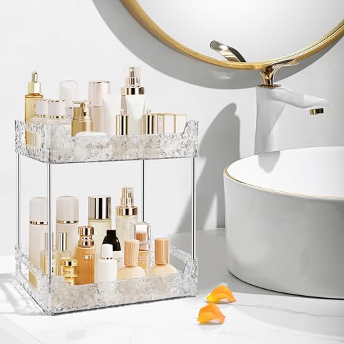 2-Tier Bathroom Counter Organizer Countertop Storage, Dresser Organizer Vanity Tray for Makeup, Perfume Organizer Cosmetics Skincare Shelf - Clear - color: Clear White, size: 2-Tier