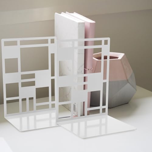 2Pcs Minimalist Metal Bookends Sturdy Hollow Square Book Holders in White Desktop Book Organizers with Elegant Pattern Design for Home and Office Decor