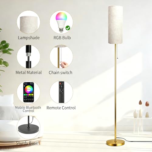 Floor Lamps for Living Room with RGB Color Changing Bulb Dimmable Color Brightness Standing Lamp with Remote Tall Lamps with Chain Switch for Bedroom Office 9W LED Bulb Included, Gold Body RGB Bulb - color: Gold Body+RGB Bulb