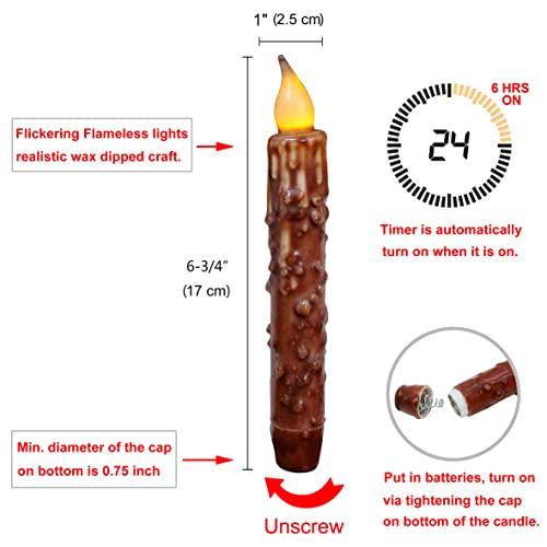 CVHOMEDECO. Real Wax Hand Dipped Battery Operated LED Timer Taper Candles Country Primitive Flameless Lights Décor, 6-3/4 Inch, Coffee, 2 PCS in a Package - color: Coffee 2 Pcs