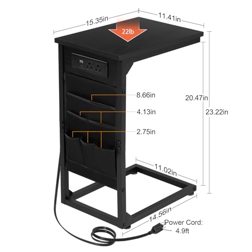 AMHANCIBLE C Shaped End Table with Charging Station, TV Tray Set of 2, Couch Tables with Storage Bag, Slide Under Sofa Side Table with USB Ports and Outlets for Living Room, Black, HET04CBK - color: Black
