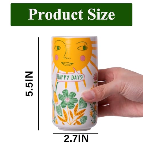 MOUGIGI Cute Small Ceramic Flower Vase-Colorful Boho Unique Round Design with Lively Smiley Patterns-Dopamine Decor Multi Use as Makeup Brush Holder, Pencil Pen Cup-Perfect for Weddings, Mother's Day - color: Sun Vase