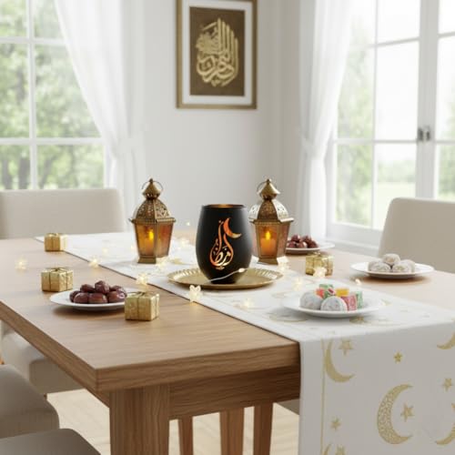 Black and Gold Ramadan Decorations for Home, Artistic Calligraphy Glass Tealight Candle Holder, 4.72" Eid Mubarak Table Decor, Luxury Islamic Votive Gift for Ramadan Kareem, Iftar Centerpiece