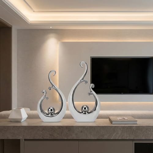 LCCCK Glossy White and Silver Decor Ceramic Statue, Modern Abstract Sculpture Art for Luxury Centerpiece - Shelves Bookshelf&Dining Table Decorations, Entryway Coffee Table Tv Stand Home Decor - color: White Silver