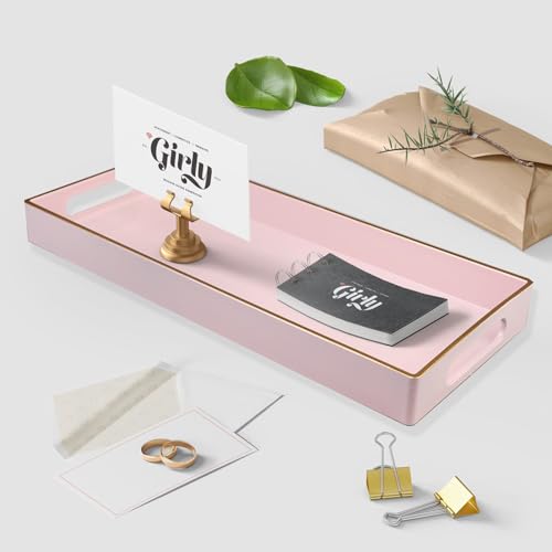 Pink Vanity Tray with Handles, Decorative Tray Desktop Storage Organizer for Bathroom, Living Room, 5.9"*13.7" - color: T1535p