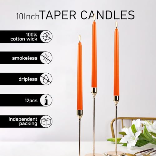 10 Inch Orange Slender Taper Candles Set - 12 Pcs Dripless, Smokeless with Cotton Wick, Ideal for Halloween,Thanksgiving,Dinner, Weddings & Home Decor. - color: 12Pack-Orange-10inch